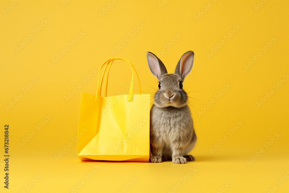 Obraz premium Black Friday concept illustration created with Generative AI technology cute fluffy pet cat dog rabbit with shop bargains
