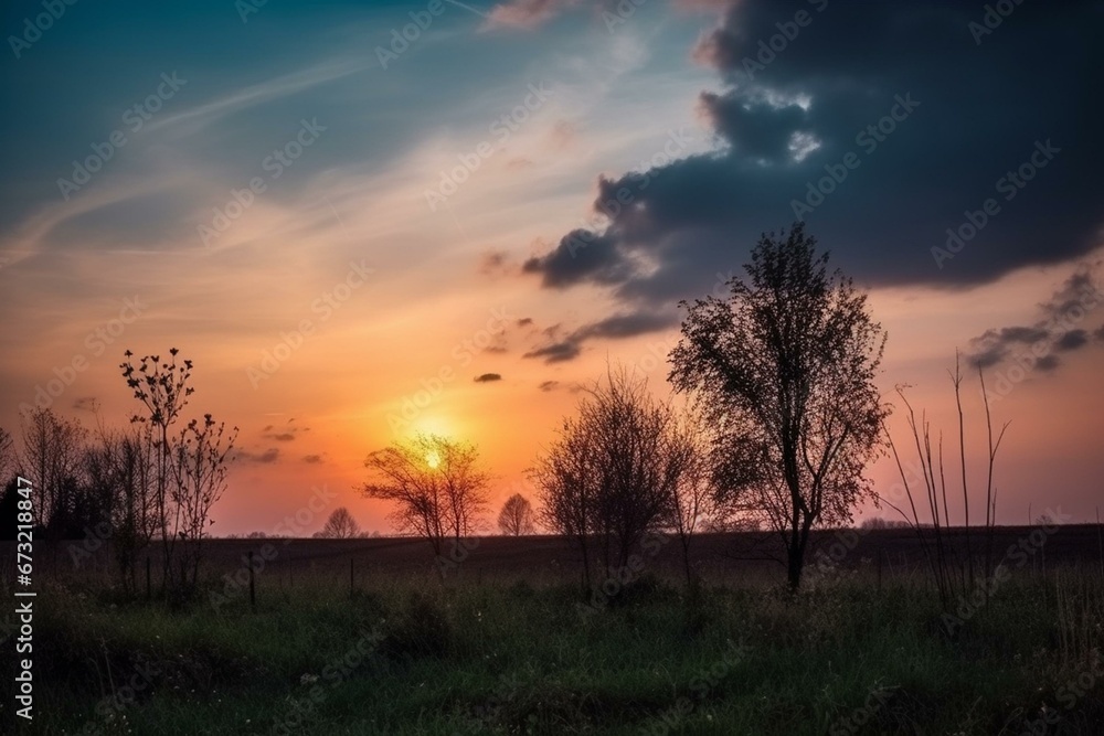A scenic sunset in a rural landscape with a blurry sky. Generative AI