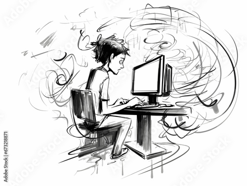 Drawing of Student is gaming on a desktop computer pc illustration separated, sweeping overdrawn lines.