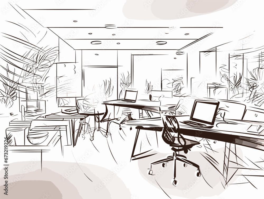 Drawing of stylish workspace interior for team collaboration illustration separated, sweeping overdrawn lines.
