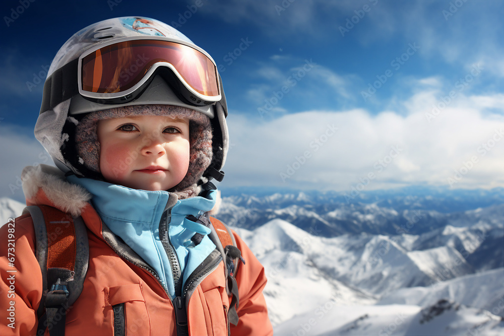 Funny little kid standing at mountain peak sunny day making photos Generative AI artificial picture Funny little kid standing at mountain peak sunny day making photos Generative AI artificial picture