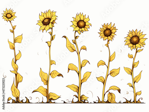 Drawing of Sunflowers - stages of growth illustration separated, sweeping overdrawn lines.