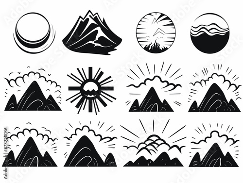 Drawing of sunrise icon set. Black on a white illustration separated, sweeping overdrawn lines.