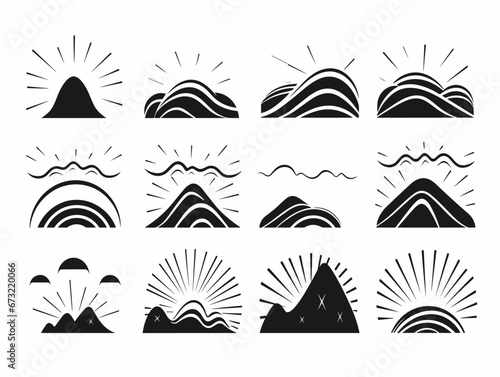 Drawing of sunrise icon set. Black on a white illustration separated, sweeping overdrawn lines.