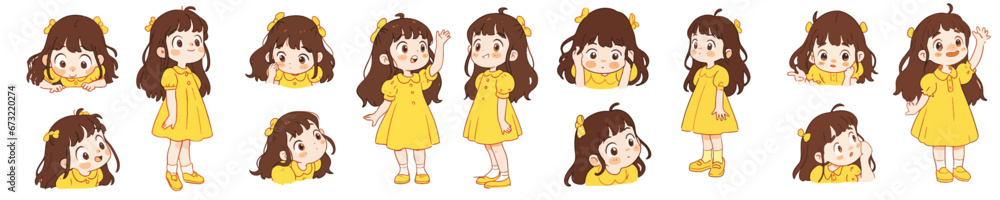 Cartoon characters vector, Little Cute girl wearing yellow clothes, multiple poses and expressions.