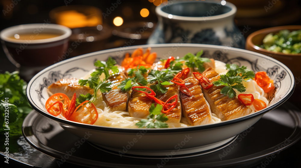 Pickled Fish Fillet in white Porcelain Bowl Golden Soup on Selective Focus Background Pickled Fish Fillet in white Porcelain Bowl Golden Soup on Selective Focus Background