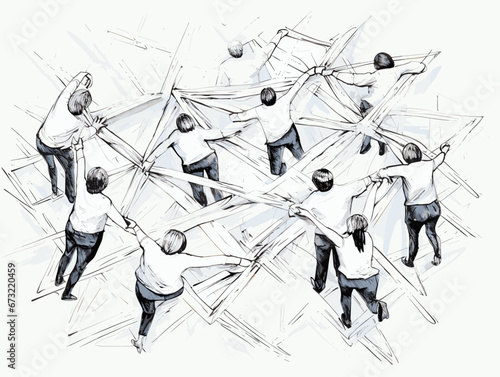 Drawing of team members working together top view illustration separated, sweeping overdrawn lines.