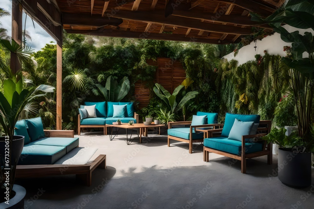 pool in resort, an outdoor living room set of two chairs, two couches, and a small planter with a tropical looking wall
