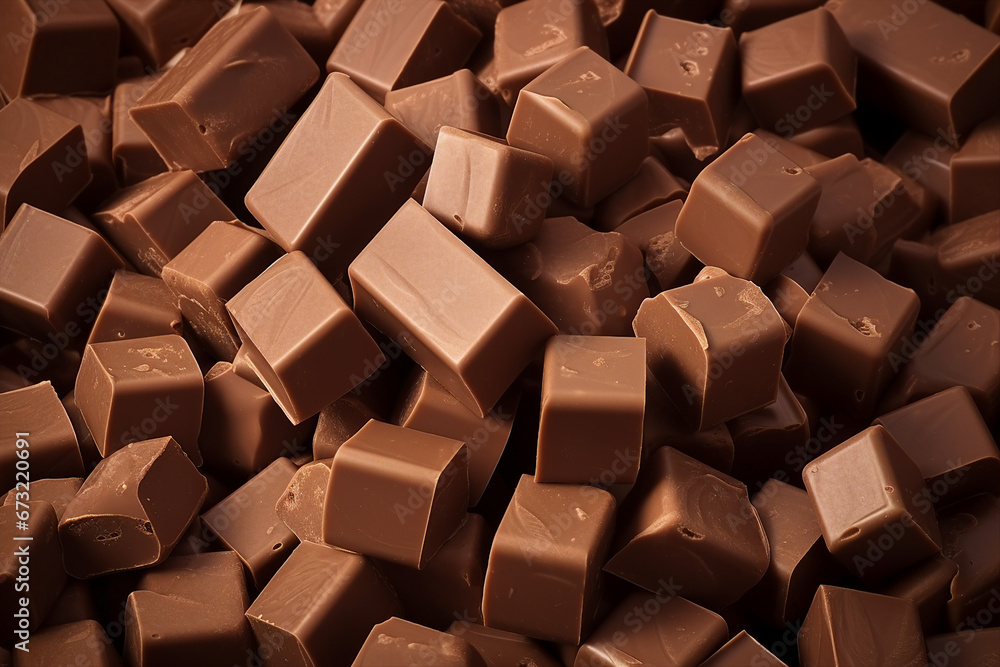 Fototapeta premium Group of milk chocolate tasty candies background created with generative AI technology