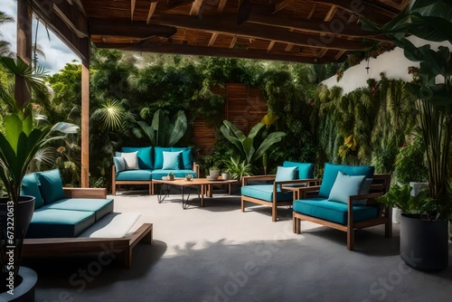 pool in resort, an outdoor living room set of two chairs, two couches, and a small planter with a tropical looking wall © Faizan