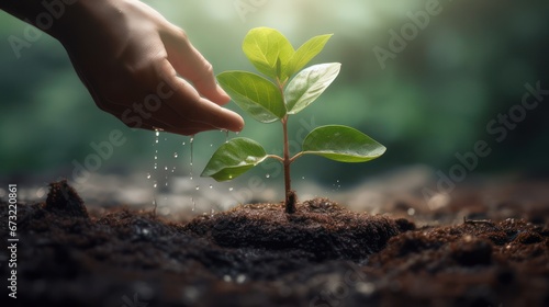 The seeds of young fertile sapling trees are sprinkled with water using hand photo