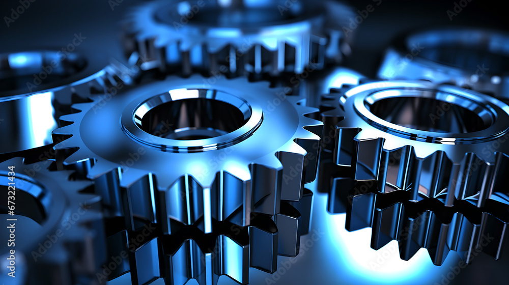 Precision Engineered Gears, Interlocking metallic gears with blue