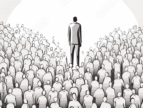 Drawing of Unique man standing out from the crowd of regular man illustration separated, sweeping overdrawn lines.