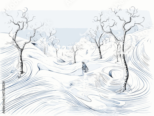 Drawing of vacation at the snow illustration separated, sweeping overdrawn lines.