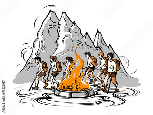 Drawing of Vector cartoon hikers with campfire illustration separated, sweeping overdrawn lines.