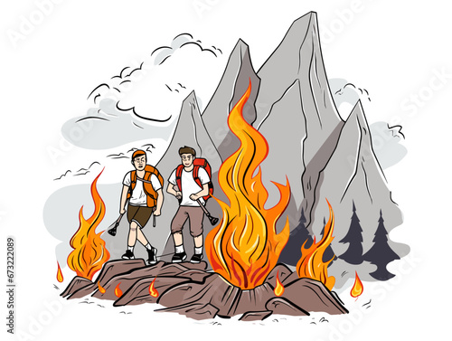 Drawing of Vector cartoon hikers with campfire illustration separated, sweeping overdrawn lines.