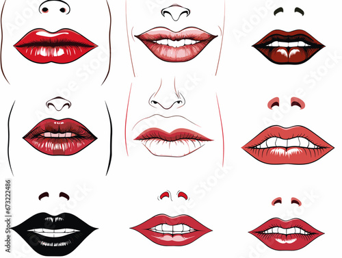 Drawing of Vector illustration of Lips eyes set illustration separated, sweeping overdrawn lines.