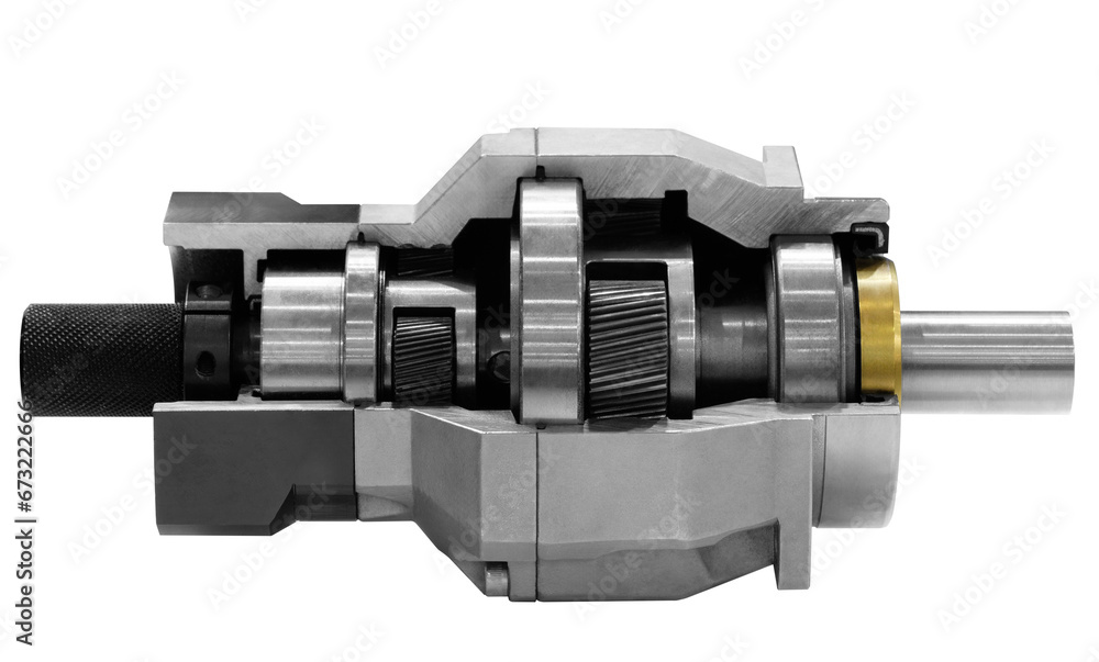 Gear speed reducer cross section isolated on white, Reducer gearbox close up on white, industrial concept Gear speed reducer cross section isolated on white, Reducer gearbox close up on white, industrial concept