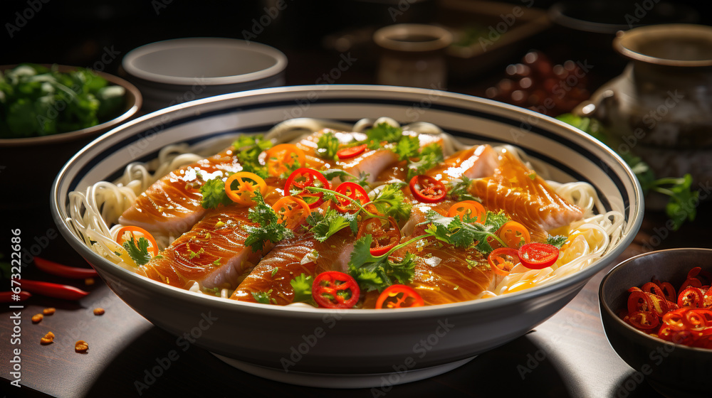 Pickled Fish Fillet in white Porcelain Bowl Golden Soup on Selective Focus Background