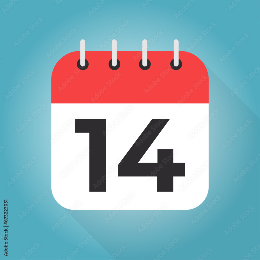 Calendar day 14. Number fourteen on a white paper with red border on blue background vector. Calendar day 14. Number fourteen on a white paper with red border on blue background vector.