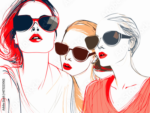 Drawing of Vector illustration of Women in sunglasses. illustration separated, sweeping overdrawn lines.