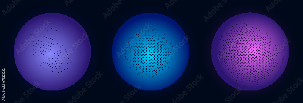Set of geometric blue spheres with connecting dots and lines. Abstract color shapes with noise effect on blue background. Vector illustration.
