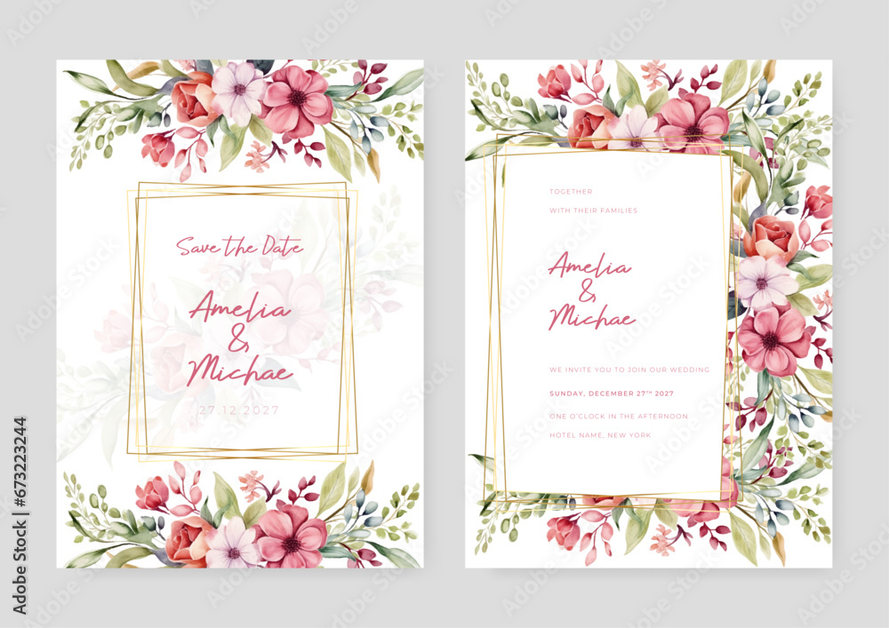 Pink frangipani elegant wedding invitation card template with watercolor floral and leaves Pink frangipani elegant wedding invitation card template with watercolor floral and leaves