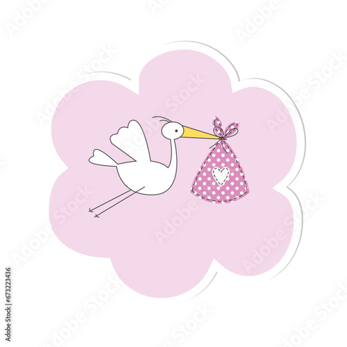 Hand drawn stork on the Sky. Cloud background