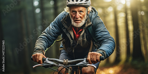 Golden Years Adventure: Senior Male Cycling in Forest
