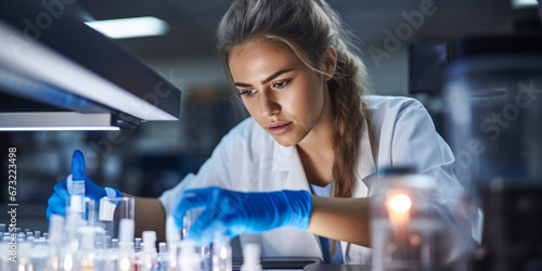 Focused Young Woman Using Pipette for Chemical Research in Lab