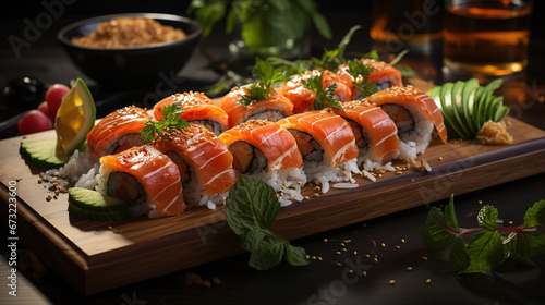 Various Kinds of Sushi Served on Table in Restaurant Blurred Background