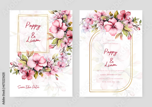 Pink frangipani beautiful wedding invitation card template set with flowers and floral