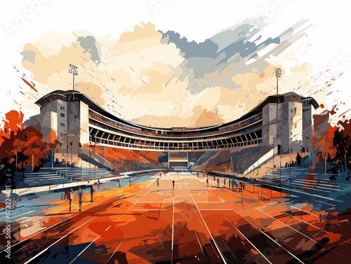 Drawing of venue for sporting events illustration separated, sweeping overdrawn lines.