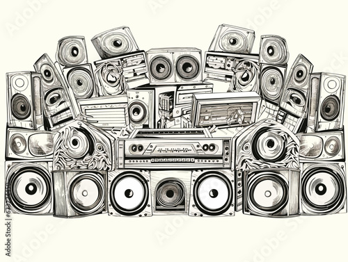 Drawing of Wall of retro vintage style Music sound speakers illustration separated, sweeping overdrawn lines.