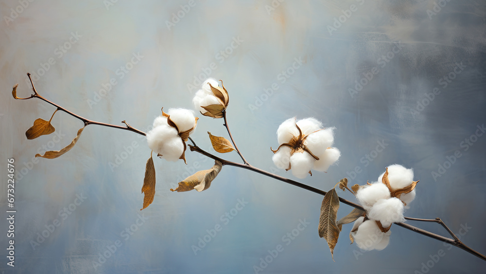 Spring branch of cotton on a blurred background.