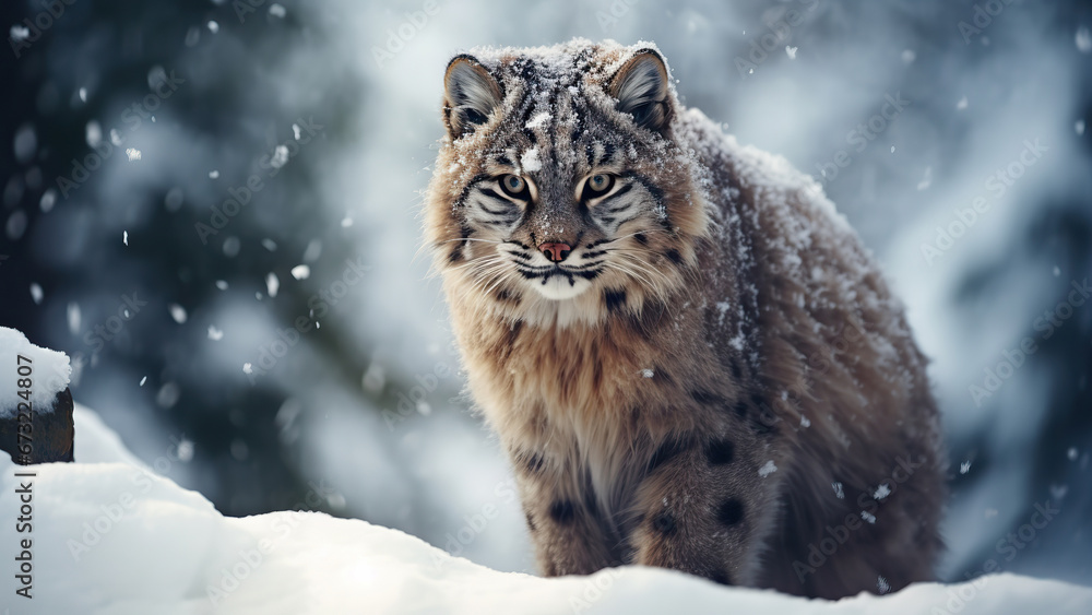 Photo of a lynx on the background of snowfall in winter.