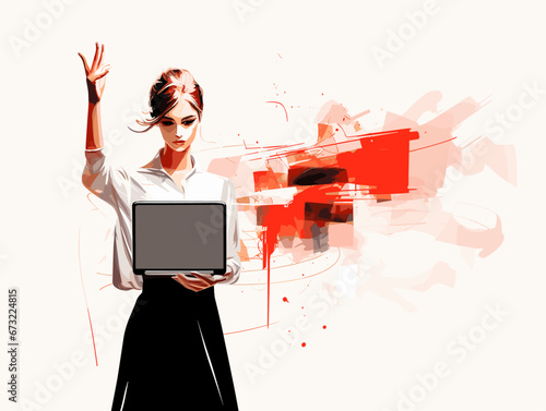 Drawing of woman holding laptop and pointing to blank screen illustration separated, sweeping overdrawn lines.