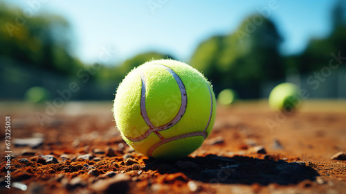 Closeup of A Tennis Ball on the Field or Ground in The Tennis Court Blurred Background © Image Lounge