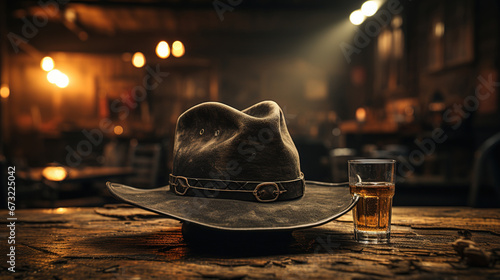 Big Old Cowboy Hat Sitting in the Bar Top Lonely Bar Smoky Haze on Blurry Background photo