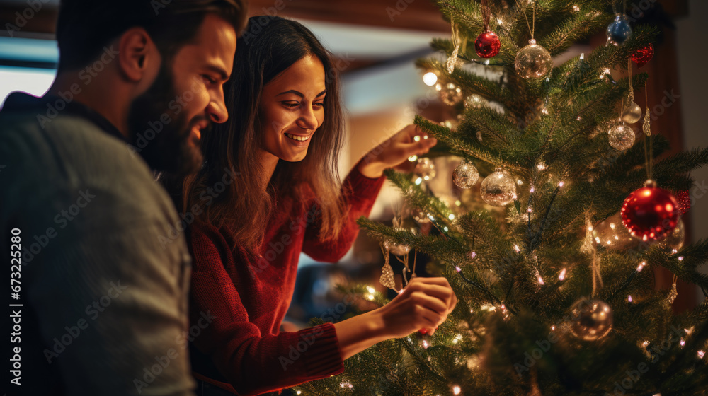 Young couple decorate the Christmas tree Young couple decorate the Christmas tree