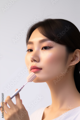 Photography Asian Girls Model  use a Makeup brush on to brush her cheek . You can use it in your advertising or other high quality prints.