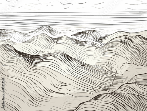 Drawing of worink at beach illustration separated, sweeping overdrawn lines.