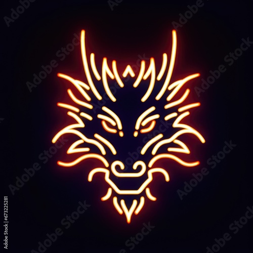 Neon red and orange dragon on a dark background. Line art. Design concept for your logo. Futuristic, Asian, simbol of the 2024 year. Chinese New Year.
