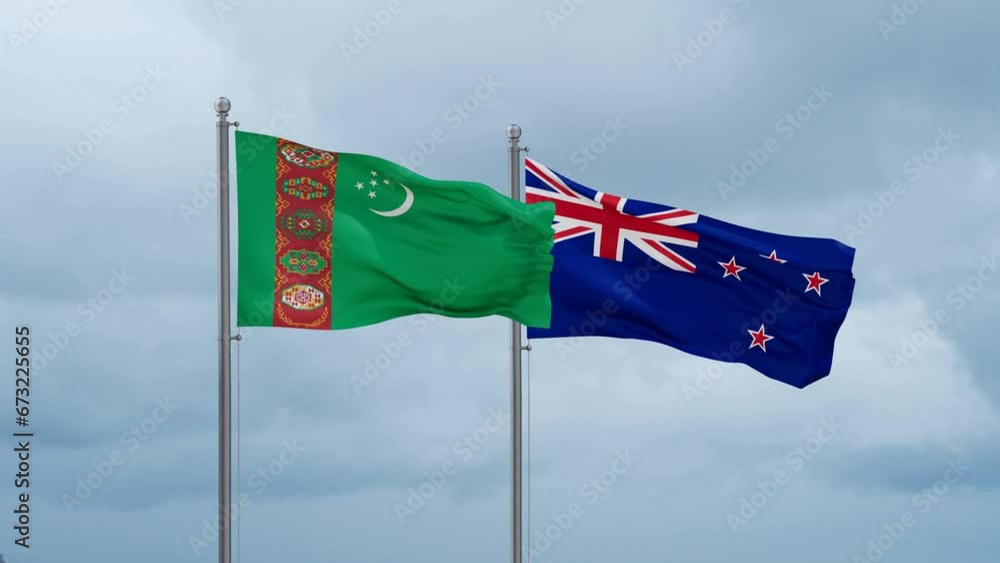 New Zealand and Turkmenistan flag waving together on cloudy sky, endless seamless loop, two country cooperation concept New Zealand and Turkmenistan flag waving together on cloudy sky, endless seamless loop, two country cooperation concept