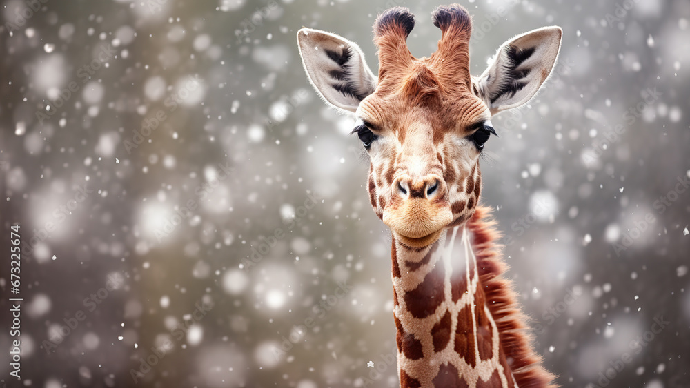 Photo of a giraffe near a tree in a winter forest.