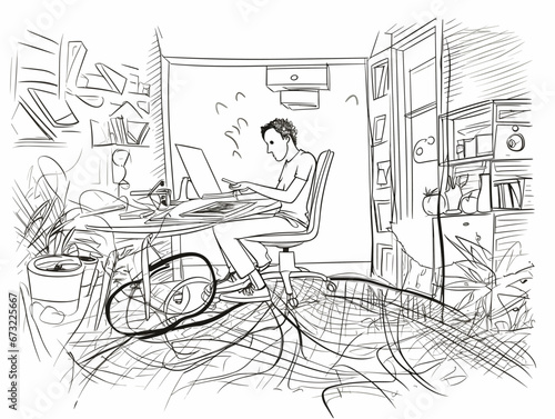 Drawing of working at home illustration separated, sweeping overdrawn lines.