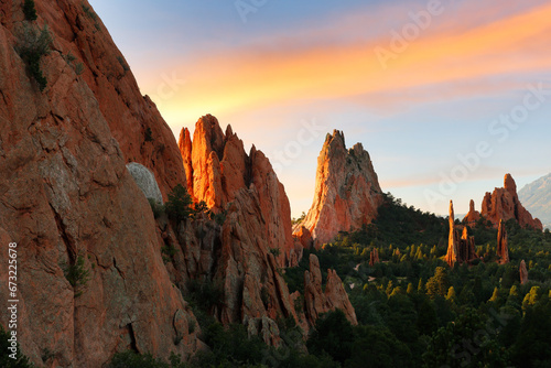 Beautiful sunrise over Garden of the Gods, originally called Red Rock Corral. Garden of the Gods is a 1,341.3 acre public park located in Colorado Springs, Colorado, USA