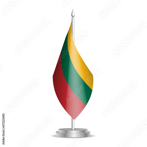 Lithuania flag - 3D mini flag hanging on desktop flagpole. Usable for summit or conference presentaiton. Vector illustration with shading.