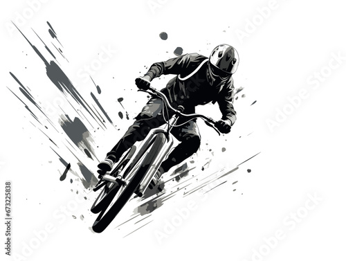 Drawing of Young jumping with bicycle silhouette illustration separated, sweeping overdrawn lines. © netsign