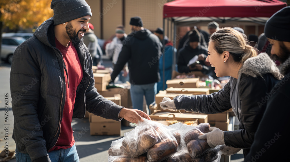 A person smiles while volunteering, handing out food to a diverse community at an outdoor charity event. A person smiles while volunteering, handing out food to a diverse community at an outdoor charity event.